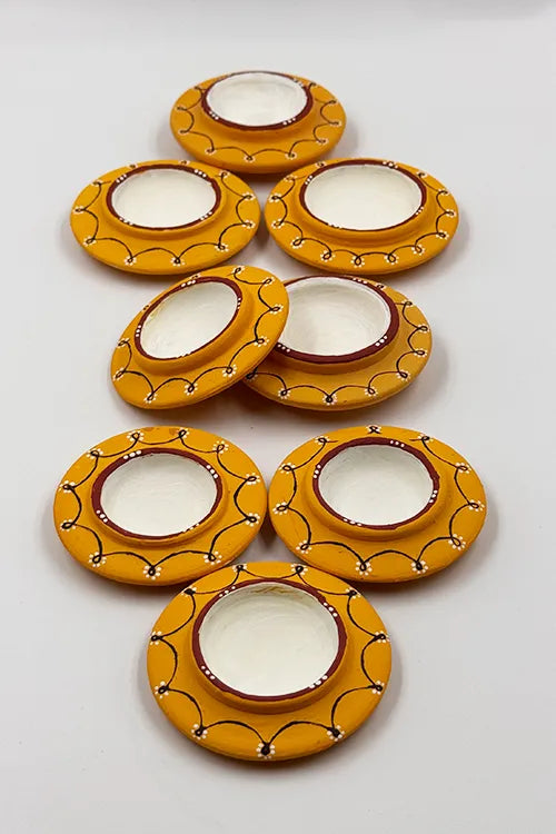 Antarang: Terracotta- Handpainted - Yellow Disc Diya Set Of 8