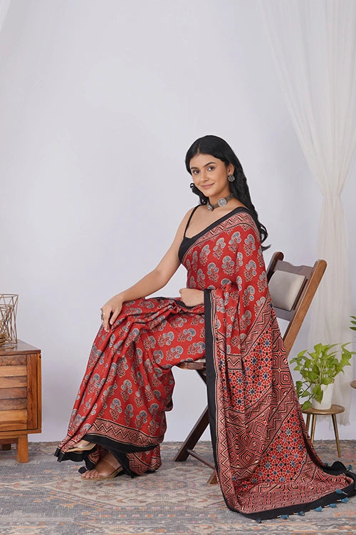 TENAARO  Botanical Red Ajrakh Hand Block Printed Modal Silk Saree