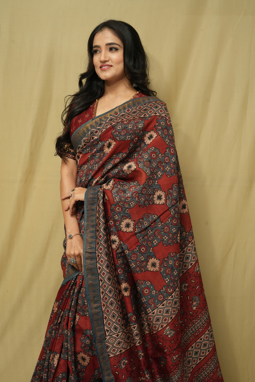 Chaderi Red Ajrakh Print Saree | Jabbar Khatri