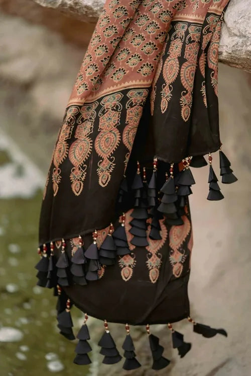 Craftroots Ajrakh All Over Floral Modal Saree With Tassels
