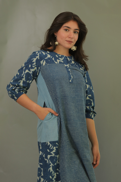 Moralfibre 3/4Th Sleeves Multi Print Natural Indigo Dress For Women Online 