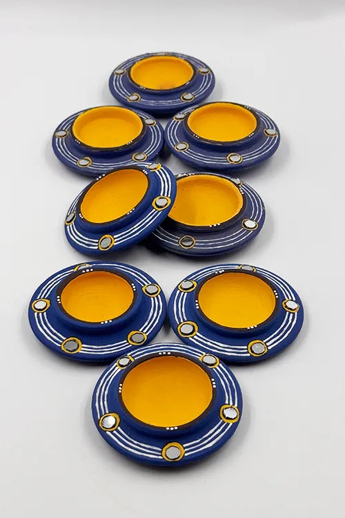 Antarang: Terracotta- Handpainted - Blue Rhythm Disc Diya With Mirror Set Of 8