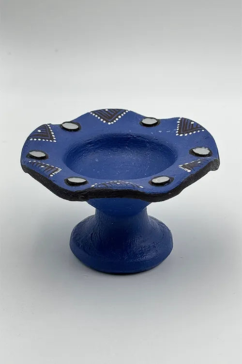Antarang: Terracotta- Handpainted - Blue Flower Diya Set Of 6