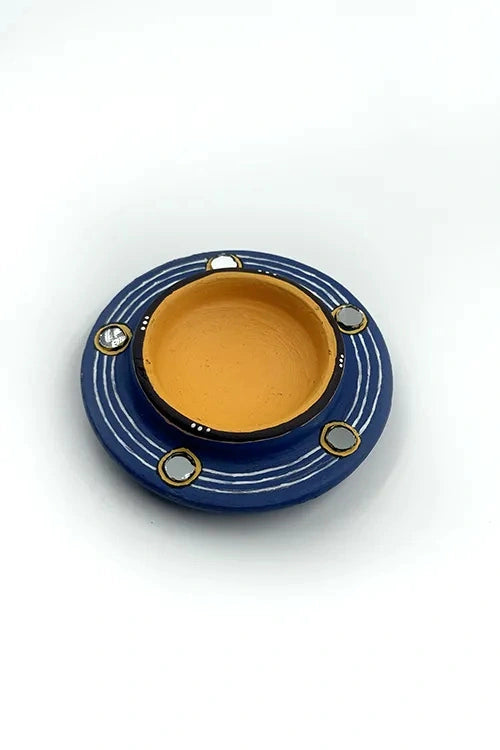 Antarang: Terracotta- Handpainted - Set Of Blue Rhythm Disc Diyas & Long Diya