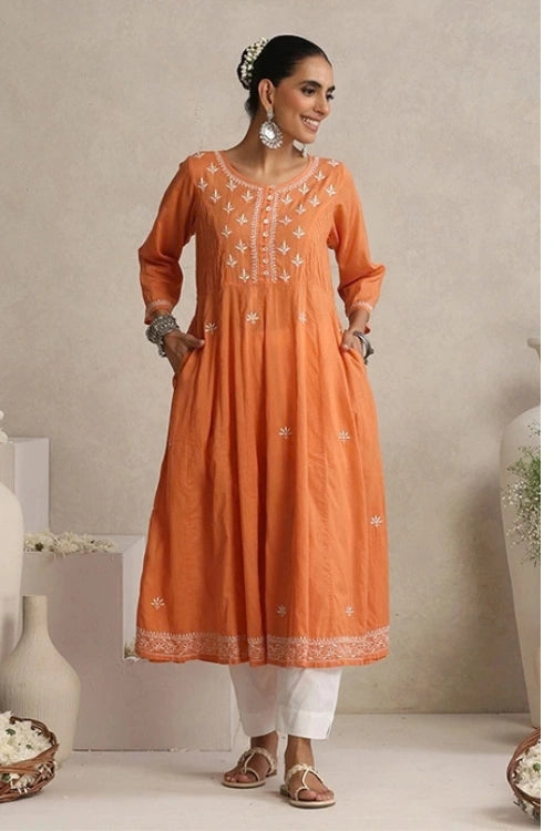 Shwet Hand Embroidered Chikankari Cotton Burnt Orange Pintex Kali Kurta