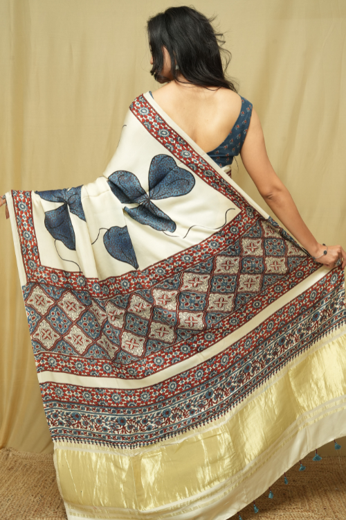 White Modal Ajrakh Print Saree | Jabbar Khatri