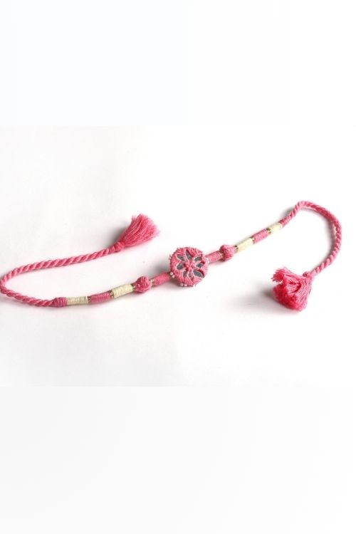 Antarang- Patwa Mirror Work, 100% Cotton, Bhai Rakhi Set. Light Pink-Yellow Made By Divyang Rural Women.