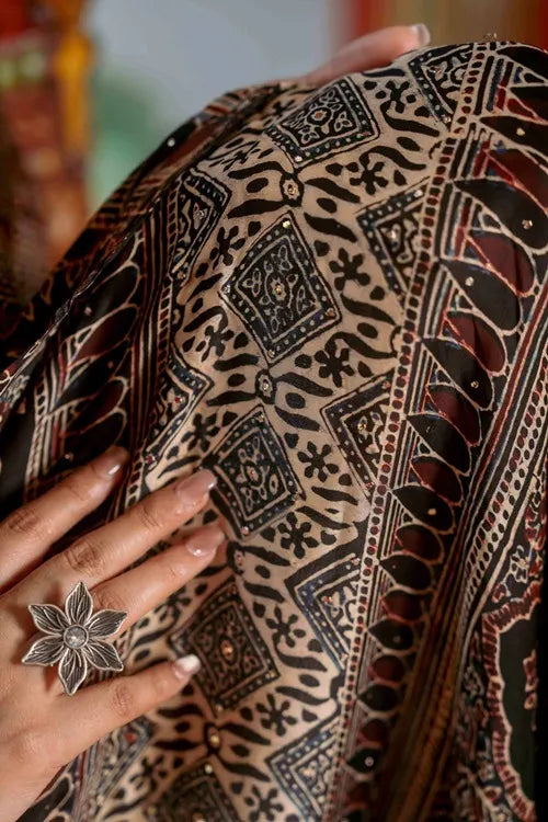 Craftroots Ajrakh Saree With Badla Work With Tassels