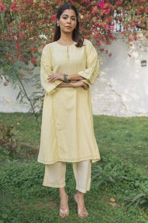 Rangsutra Suhani Cream Striped Cotton Kurta Cum Dress With Soof Hand Embroidery