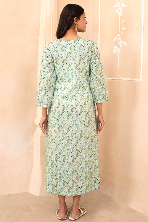Shuddhi Mint Green Handblock Pleated Dress