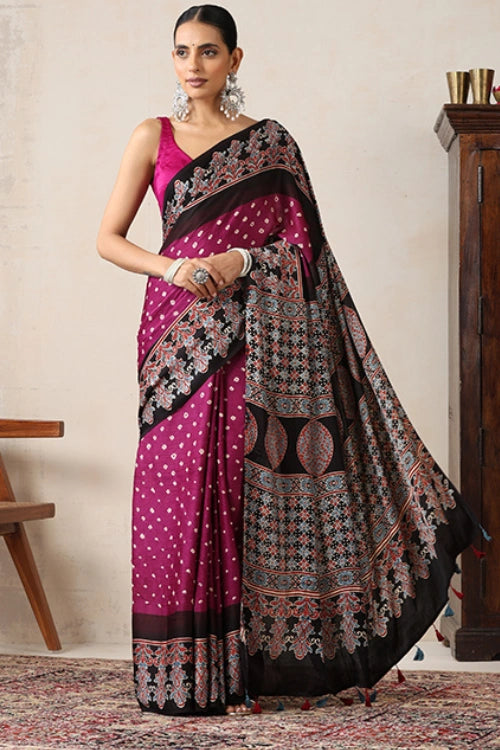 Jahangir Khatri - Black & Magenta Ajrakh & Bandhani Modal Saree
