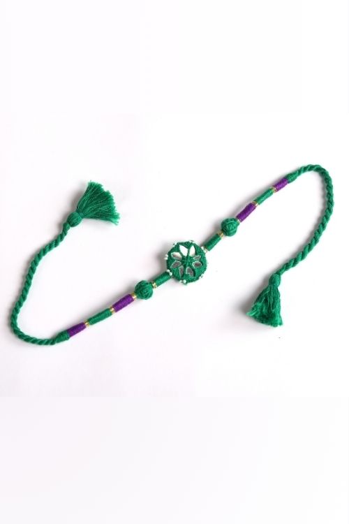 Antarang- Patwa Mirror Work, 100% Cotton, Bhai Rakhi Set. Marron-Green. Made By Divyang Rural Women.