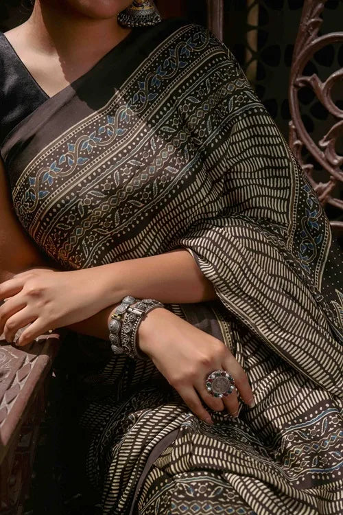 Craftroots Ajrakh Black Saree With Handmade Tassels