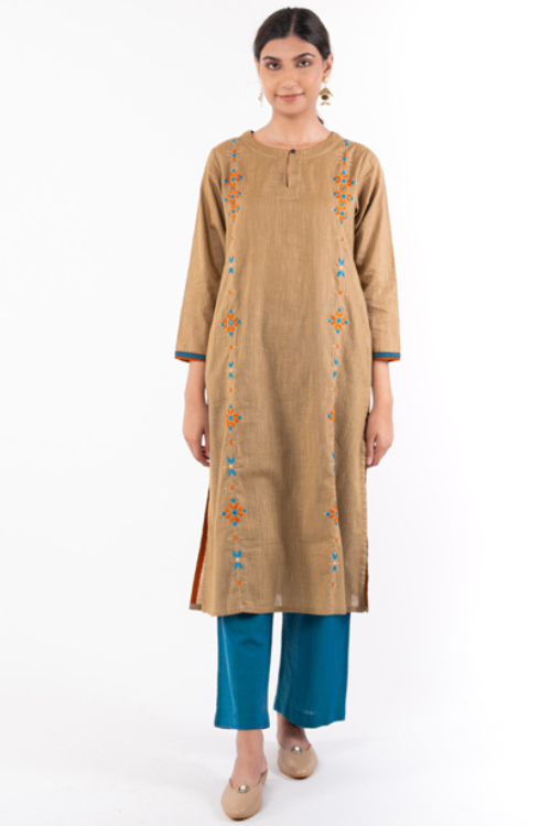 Naman Beige Soof Hand Embroidered Straight Kurta