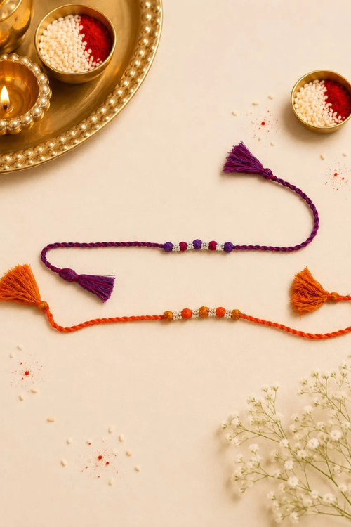 Antarang- Navrang Bead Rakhi- Set Of 2- Orange, Yellow Rakhi + Rani Pink, Purple Rakhi