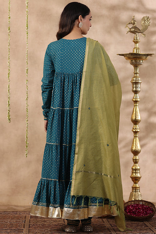 Shuddhi Teal Green Tier Kurta With Chuddidar And Duppatta