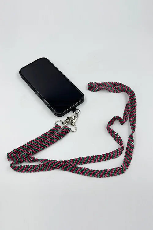Antarang- Pink-Green- Multi Use Handcrafted Beaded Mobile String With Attachment- Phone, Clutch & Sling Strap