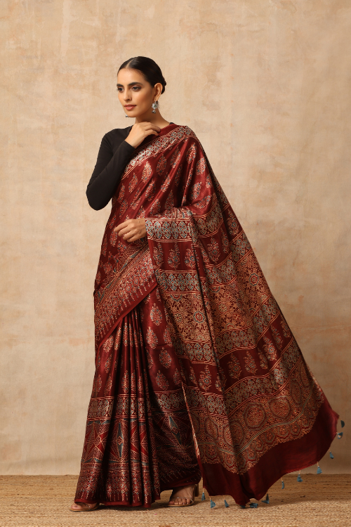 Tenaaro Ajrakh Hand Block Printed  Modal Sik Saree (Brown-19)