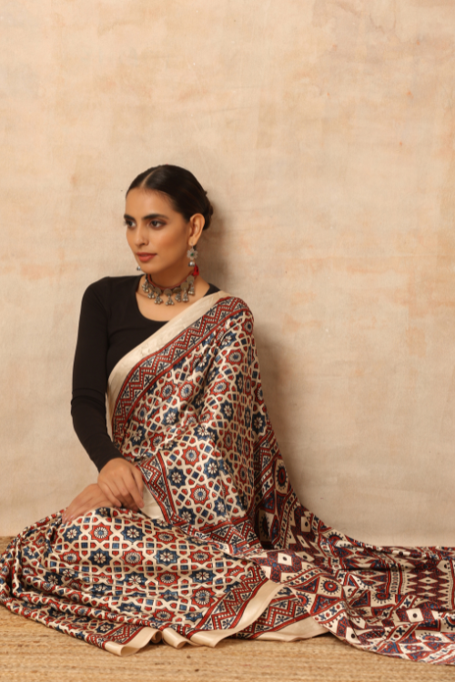 Tenaaro Ajrakh Hand Block Printed  Modal Sik Saree (Offwhite-16)