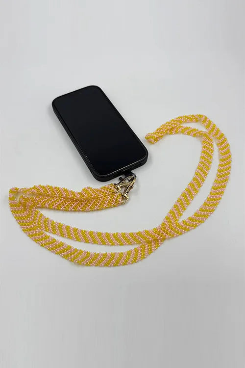 Antarang- Pink-Yellow- Multi Use Handcrafted Beaded Mobile String With Attachment- Phone, Clutch & Sling Strap