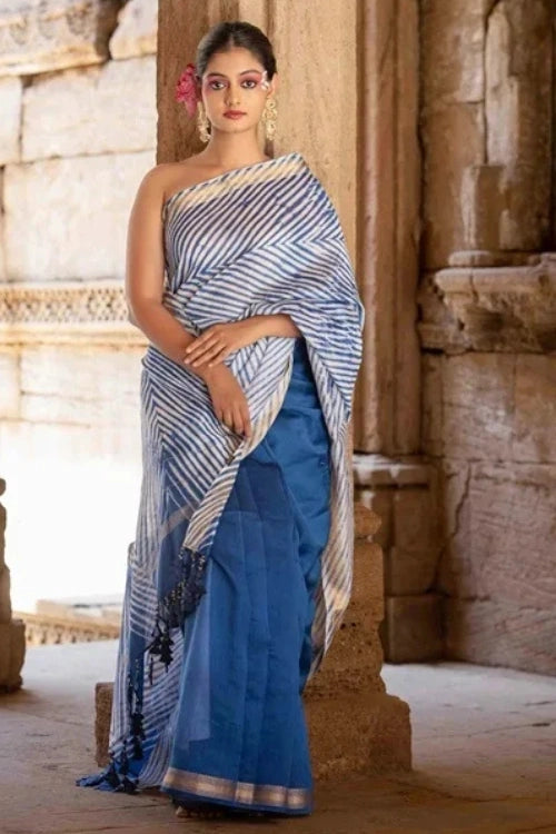 Craftroots Blue Laheriya Chanderi Saree