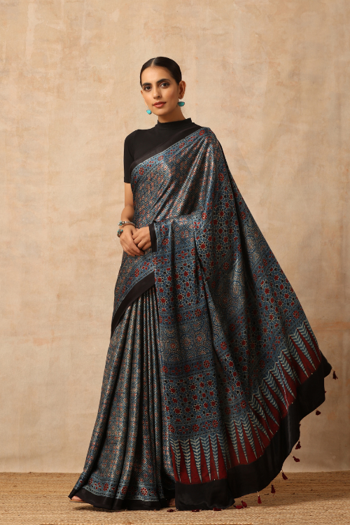 Tenaaro Ajrakh Hand Block Printed  Modal Sik Saree (Indigo Blue-13)