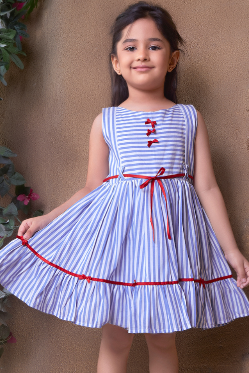 Soleilclo "Coastal Charm" Sleeveless Blue Striped Cotton Dress With Satin Belt And Bows