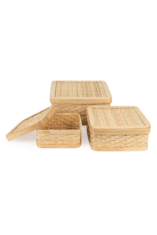Greenkraftsora Handcrafted Bamboo Square Box - Set Of 3
