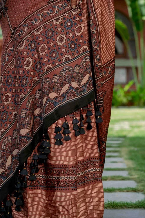 Craftroots Ajrakh Modal Saree With Handmade Tassels