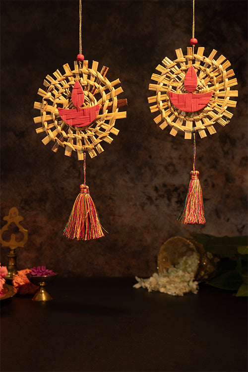 Greenkraft Mandala Diya Handcrafted Bamboo Hanging - Set Of 2