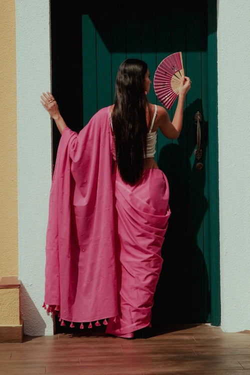Okhai 'Blush' Hand Embroidered Mirror Work Cotton Mul Saree