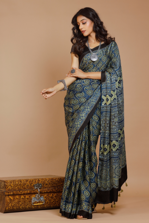 Tenaaro Ajrakh Hand Block Printed   Modal Saree (Nevyblue-2)