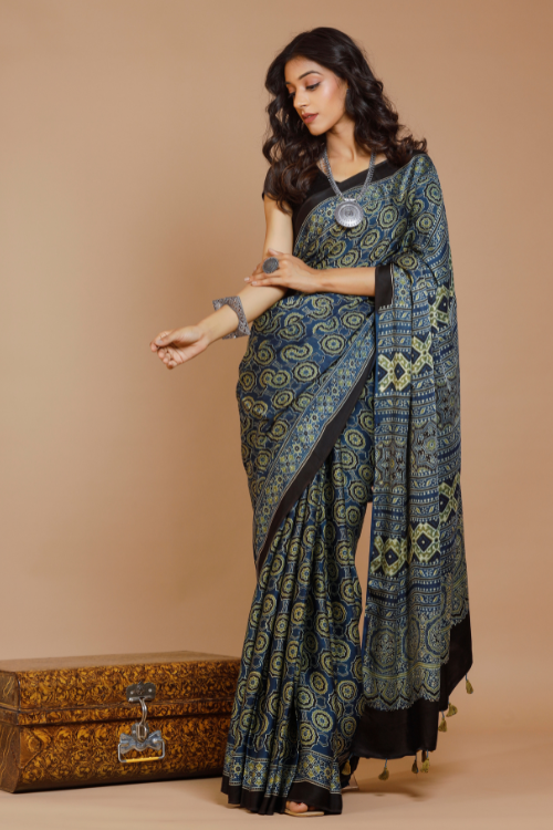 Tenaaro Ajrakh Hand Block Printed Modal Saree (Nevyblue-2)
