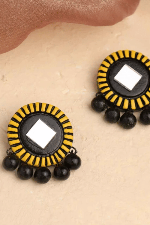 Mridah Yellow And Black 'Kanchan' Mirror Work Terracotta Necklace Set