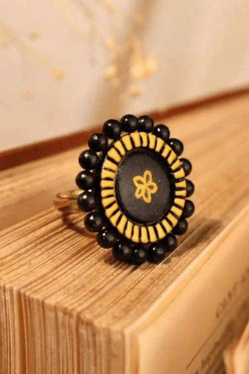 Mridah Yellow And Black 'Kanchan' Mirror Work Terracotta Necklace Set