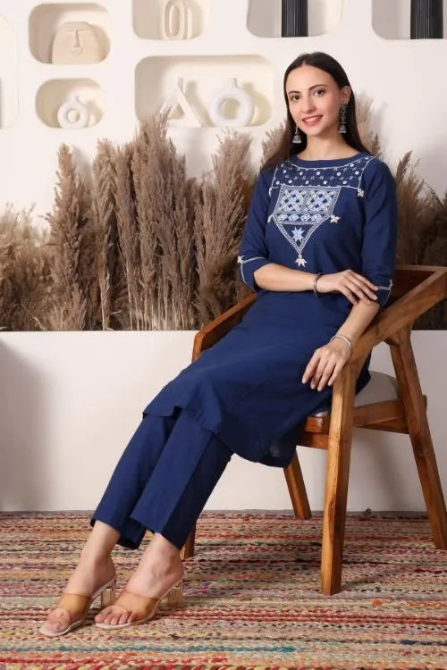 Urmul Soof Embroidery MOHINI Navy Blue Kurta - Pant Set
