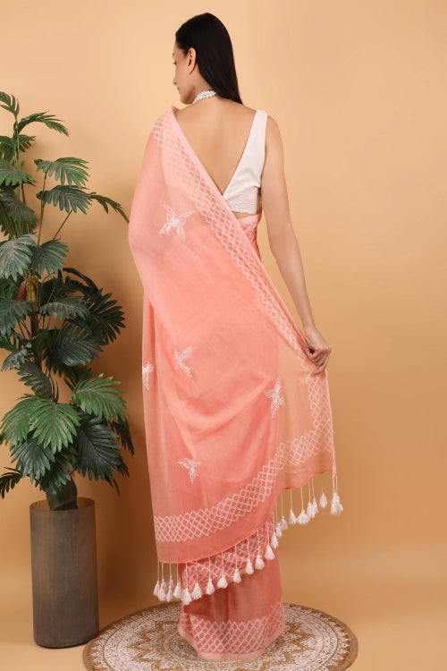 Shwet Women Peach Hand Embroidered Chikankari  Mulmul Saree
