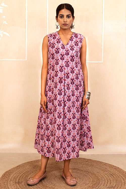 Shuddhi Lilac Bloom Handblock A-Line Dress