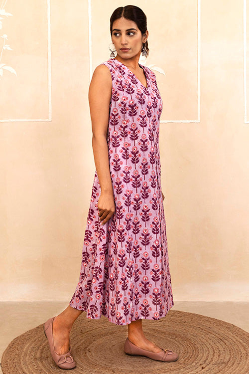 Shuddhi Lilac Bloom Handblock A-Line Dress