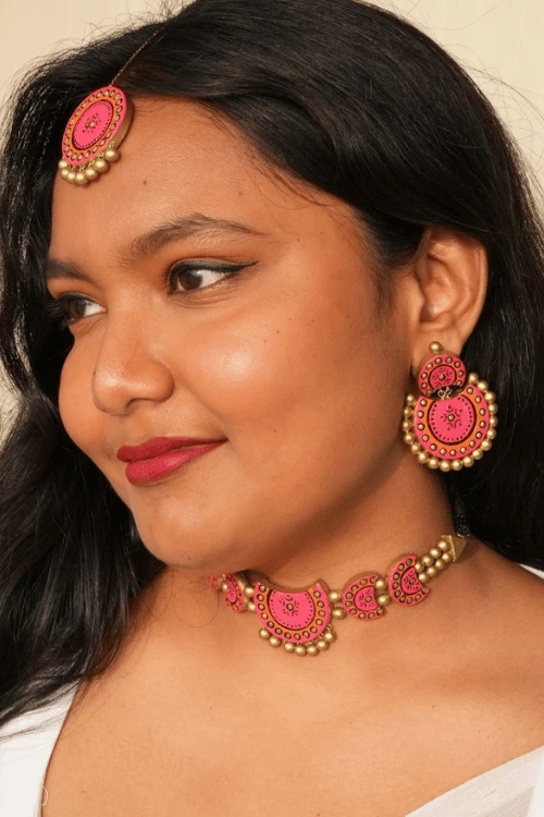 Mridah Pink And Orange 'Chandrakala' Handmade Terracotta Moon Choker Set