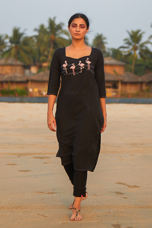 Okhai 'Flaming Flamingos' Cotton Handloom Embroidered Long Kurta