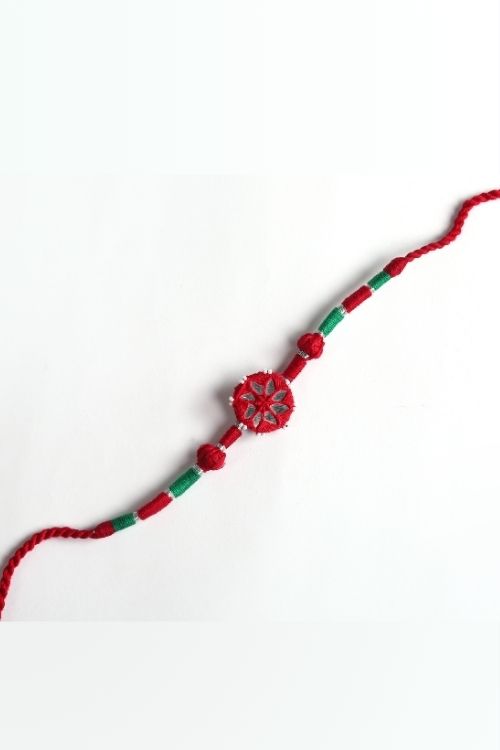 Antarang- Patwa Mirror Work, 100% Cotton, Bhai Rakhi Set. Marron-Green. Made By Divyang Rural Women.