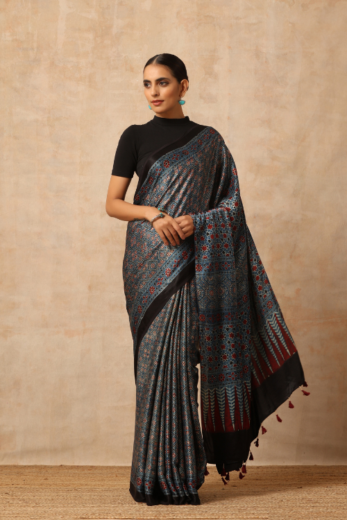 Tenaaro Ajrakh Hand Block Printed  Modal Sik Saree (Indigo Blue-13)