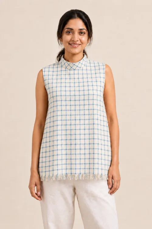 Moralfibre Highneck Side Pannel Checkered Blue Top