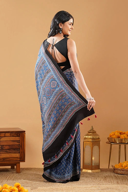 TENAARO  Lotus Indigo Ajrakh Hand Block Printed Modal Silk Saree
