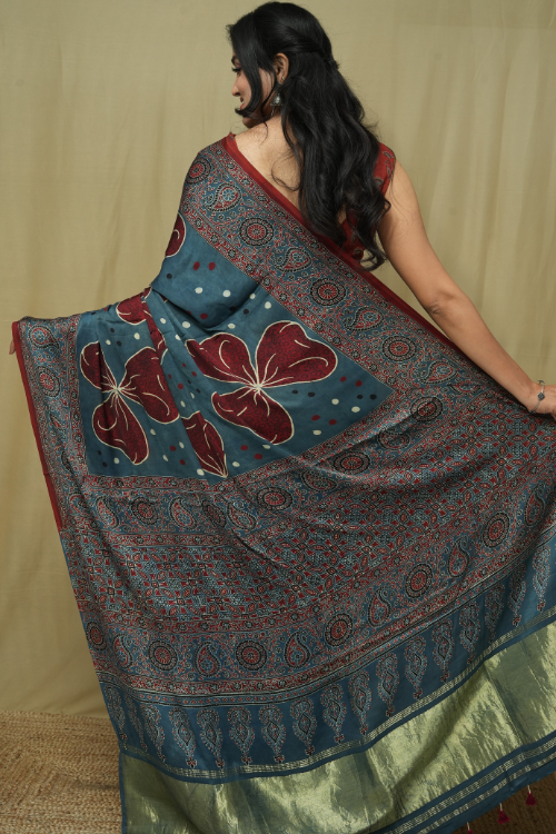 Ajrakh Print Modal Tissue Pallu Red Saree | Jabbar Khatri