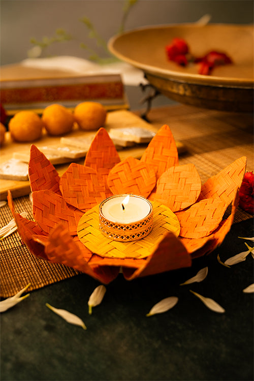 Greenkraft Lotus Handcrafted Bamboo Orange Tealight Holder- Set Of 2