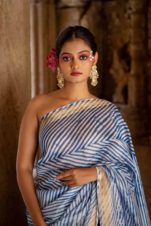 Craftroots Blue Laheriya Chanderi Saree