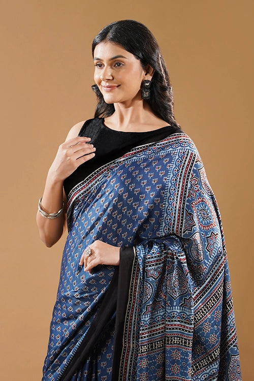 TENAARO  Lotus Indigo Ajrakh Hand Block Printed Modal Silk Saree