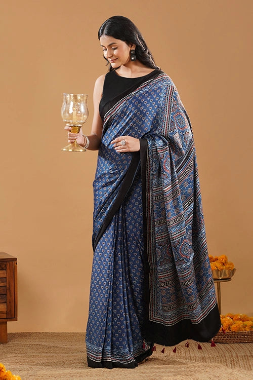 TENAARO  Lotus Indigo Ajrakh Hand Block Printed Modal Silk Saree